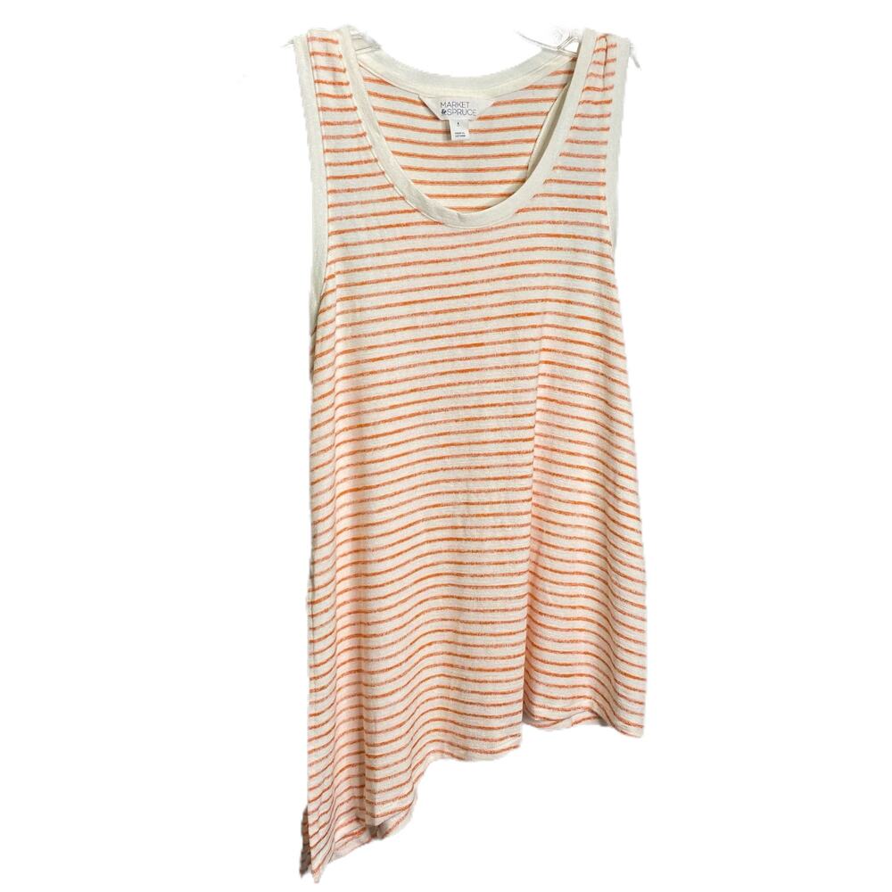 Market & Spruce Women's Tank Top White Orange Striped Scoop Neck Side Slit Sz S